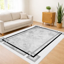 Beyaz Zeminli Siyah Ince Çerçeveli Modern Salon Halısı Yıkanabilir Antialerjik Kaymaz Tabanlı - SD-1128