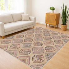 Bej Zeminli Çoklu Geometrik Motifli Salon Halısı Yıkanabilir Toz Tutmaz Kaymaz Tabanlı - SM-260