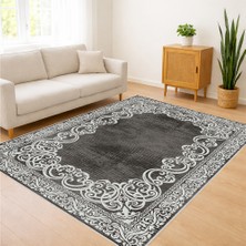 Gri Zeminli Klasik Motifli Salon Halısı Antialerjik Kaymaz Tabanlı Zarif Görünüm - SM-444