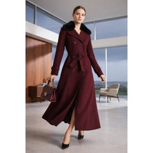 Esin Giyim Kürk Yakalı Kruvaze Kaşe Manto