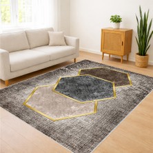 Gri Zeminli Altın Detaylı Modern Salon Halısı Yıkanabilir Toz Tutmaz Kaymaz Tabanlı - Sm-28