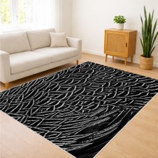 Siyah Zeminli Ince Çizgili Modern Salon Halısı Antialerjik Kaymaz Tabanlı Sade Kullanım - SM-269