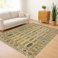 Sarı ve Yeşil Tonlarda Klasik Motifli Salon Halısı Antialerjik Kaymaz Tabanlı Geleneksel Stil - SM-690