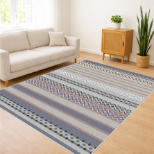 Bej ve Mavi Tonlarda Çizgisel Desenli Salon Halısı Yıkanabilir Toz Tutmaz Kaymaz Tabanlı - SM-299
