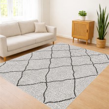 Açık Gri Zeminli Etnik Çizgili Salon Halısı Yıkanabilir Kaymaz Tabanlı Ferah Görünüm - SM-624