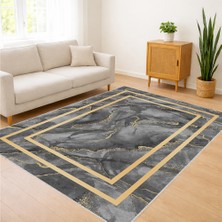 Gri Zeminli Altın Çerçeveli Modern Salon Halısı Yıkanabilir Toz Tutmaz Kaymaz Tabanlı - SM-276
