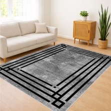 Siyah ve Gri Tonlarda Geometrik Çizgili Salon Halısı Antialerjik Kaymaz Tabanlı Modern Stil - SM-294