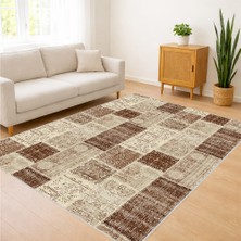 Bej ve Kahverengi Tonlarda Kare Patchwork Desenli Salon Halısı Antialerjik Kaymaz Tabanlı Sıcak Dekorasyon - SM-649
