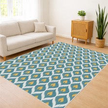 Turkuaz ve Sarı Tonlarda Geometrik Desenli Salon Halısı Toz Tutmaz Kaymaz Tabanlı Enerjik Kullanım - SD-1142