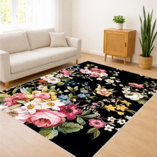 Siyah Zeminli Renkli Çiçek Desenli Salon Halısı Yıkanabilir Toz Tutmaz Kaymaz Tabanlı - SM-308