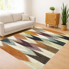 Kahverengi ve Krem Tonlarda Etnik Zigzag Desenli Salon Halısı Antialerjik Kaymaz Tabanlı Sıcak Kullanım - Sm-20