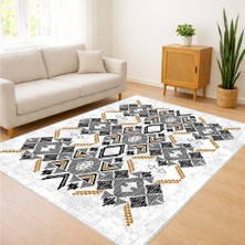Siyah ve Beyaz Geometrik Desenli Salon Halısı Toz Tutmaz Kaymaz Tabanlı Modern Kontrast - FNL-435