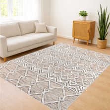 Bej Zeminli Etnik Geometrik Desenli Salon Halısı Antialerjik Kaymaz Tabanlı Doğal Stil - SM-312
