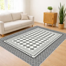 Gri ve Beyaz Damalı Desenli Salon Halısı Toz Tutmaz Kaymaz Tabanlı Sade Dekorasyon - SD-1136