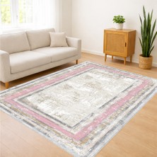 Pudra Tonlarda Çerçeveli Klasik Salon Halısı Toz Tutmaz Kaymaz Tabanlı Zarif Görünüm - FNL-452