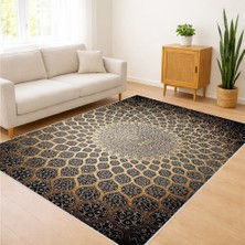 Siyah Zeminli Altın Geometrik Desenli Salon Halısı Antialerjik Kaymaz Tabanlı Lüks Görünüm - SM-235