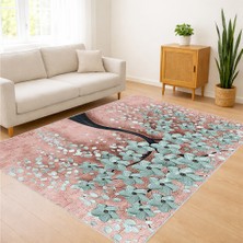 Turkuaz ve Pembe Tonlarda Çiçek Desenli Salon Halısı Antialerjik Kaymaz Tabanlı Canlı Stil - SM-265