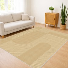 Açık Bej Tonlarda Oval Geçişli Salon Halısı Antialerjik Kaymaz Tabanlı Yumuşak Görünüm - FNL-342