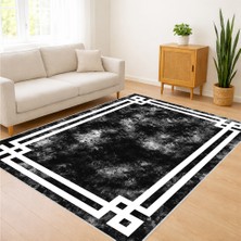 Siyah Zeminli Beyaz Çerçeveli Klasik Salon Halısı Antialerjik Kaymaz Tabanlı Net Kontrast - SM-285