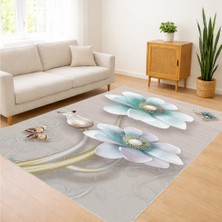 Krem Zeminli Çiçek Motifli Modern Salon Halısı Yıkanabilir Toz Tutmaz Kaymaz Tabanlı - SM-280