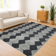 Gri ve Siyah Tonlarda Zigzag Desenli Salon Halısı Yıkanabilir Toz Tutmaz Kaymaz Tabanlı - Sm-12
