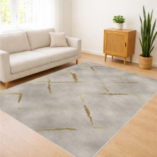 Açık Gri Zeminli Altın Çizgili Salon Halısı Yıkanabilir Kaymaz Tabanlı Modern Şıklık - FNL-374