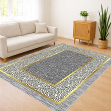 Gri Zeminli Altın Çerçeveli Klasik Salon Halısı Yıkanabilir Antialerjik Kaymaz Tabanlı - SD-1072