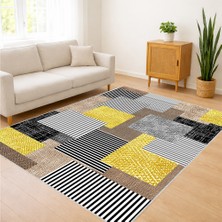 Sarı Gri ve Siyah Tonlarda Geometrik Blok Desenli Salon Halısı Toz Tutmaz Kaymaz Tabanlı - FNL-439
