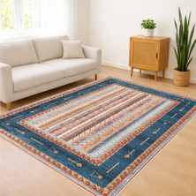 Mavi ve Turuncu Tonlarda Çizgisel Desenli Salon Halısı Yıkanabilir Kaymaz Tabanlı Dinamik Stil - SM-618