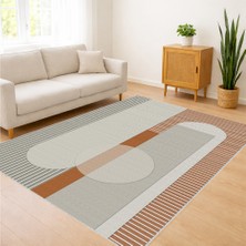 Bej ve Kahverengi Tonlarda Oval Geçişli Modern Salon Halısı Antialerjik Kaymaz Tabanlı - SM-349