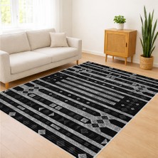 Siyah Zeminli Çizgisel Modern Desenli Salon Halısı Yıkanabilir Antialerjik Kaymaz Tabanlı - SD-1117