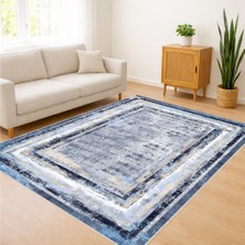 Mavi ve Krem Tonlarda Çerçeveli Klasik Salon Halısı Toz Tutmaz Kaymaz Tabanlı Ferah Mekanlar Için - FNL-454