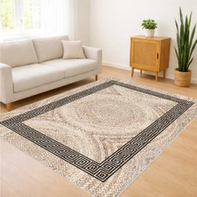 Bej Zeminli Klasik Motifli Salon Halısı Yıkanabilir Toz Tutmaz Kaymaz Tabanlı Zamansız Görünüm - SM-295