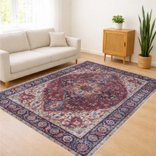 Kırmızı ve Lacivert Tonlarda Klasik Desenli Salon Halısı Antialerjik Kaymaz Tabanlı Zamansız Dekorasyon - SM-698