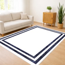 Beyaz Zeminli Lacivert Çerçeveli Klasik Salon Halısı Antialerjik Kaymaz Tabanlı Zamansız Stil - SM-164