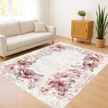 Krem Zeminli Pembe Çiçek Desenli Salon Halısı Yıkanabilir Kaymaz Tabanlı Romantik Dekorasyon - SM-563