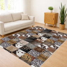 Kahverengi ve Krem Tonlarda Patchwork Desenli Salon Halısı Yıkanabilir Kaymaz Tabanlı Sıcak Kullanım - SM-524