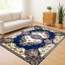 Lacivert Zeminli Klasik Desenli Salon Halısı Antialerjik Kaymaz Tabanlı Zamansız ve Şık Görünüm - FNL-386