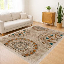 Bej ve Turkuaz Tonlarda Etnik Desenli Salon Halısı Antialerjik Kaymaz Tabanlı Sıcak Stil - SM-603