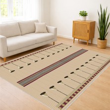 Bej Zeminli Ince Çizgili Modern Salon Halısı Yıkanabilir Kaymaz Tabanlı Minimal Görünüm - SM-604