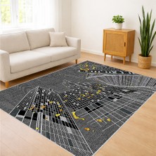 Gri Zeminli Soyut Geometrik Desenli Salon Halısı Yıkanabilir Toz Tutmaz Kaymaz Tabanlı - SM-247