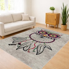 Krem Zeminli Etnik Figürlü Salon Halısı Yıkanabilir Toz Tutmaz Kaymaz Tabanlı - SM-255