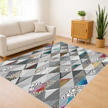 Gri ve Mavi Tonlarda Üçgen Desenli Modern Salon Halısı Yıkanabilir Toz Tutmaz Kaymaz Tabanlı - SM-272
