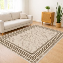 Bej Zeminli Klasik Bordürlü Salon Halısı Yıkanabilir Antialerjik Kaymaz Tabanlı - FNL-482