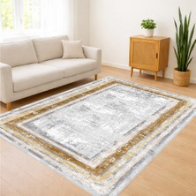 Açık Gri Zeminli Altın Çerçeveli Salon Halısı Yıkanabilir Antialerjik Kaymaz Tabanlı - FNL-484