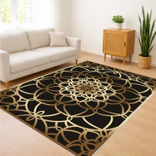Siyah Zeminli Altın Çiçek Motifli Salon Halısı Antialerjik Kaymaz Tabanlı Gösterişli Stil - SM-621