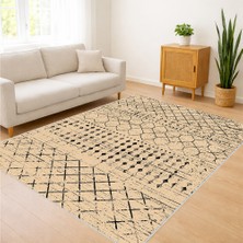 Bej Zeminli Ince Etnik Çizgili Salon Halısı Antialerjik Kaymaz Tabanlı Doğal Görünüm - SD-1168