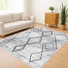 Gri Zeminli Geometrik Çizgili Salon Halısı Toz Tutmaz Kaymaz Tabanlı Modern Kullanım - FNL-467