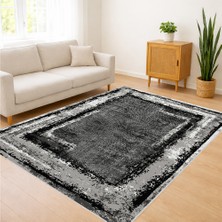 Koyu Gri Zeminli Sade Çerçeveli Salon Halısı Yıkanabilir Kaymaz Tabanlı Güçlü ve Net Görünüm - SM-691