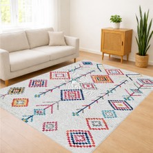 Beyaz Zeminli Renkli Etnik Motifli Salon Halısı Antialerjik Kaymaz Tabanlı Canlı Kullanım - SM-300